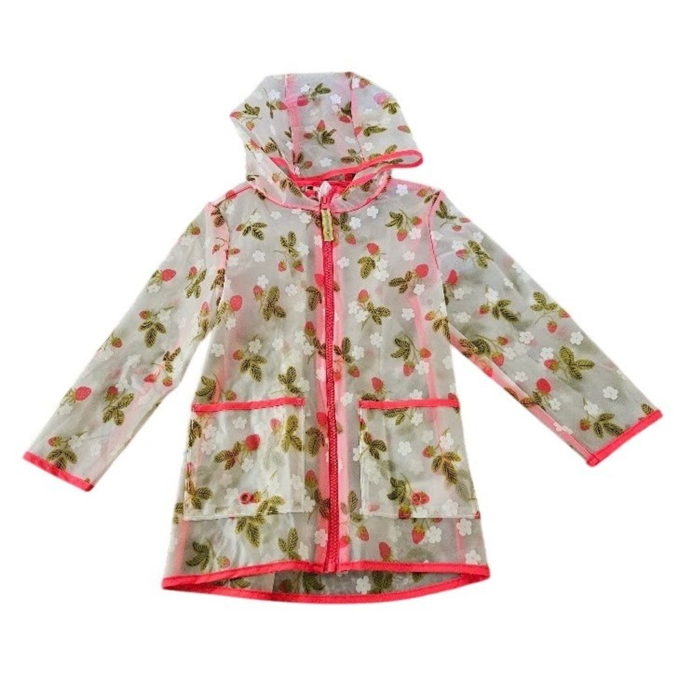 Cat & Jack Girls 3T Translucent Strawberry Raincoat Pink Trim Hooded Jacket